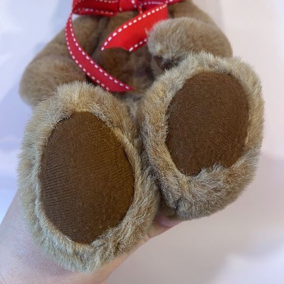 Classic Vintage Weighted Light Brown Teddy Bear Jointed Legs & Arms Red Ribbon - Picture 9 of 11